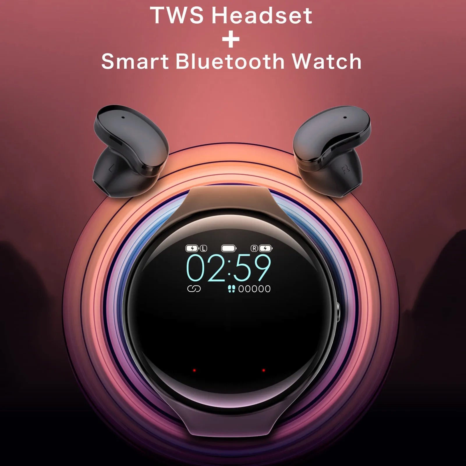 Black Bluetooth headset and smart bracelet combo showing detachable TWS earphones and sports watch display