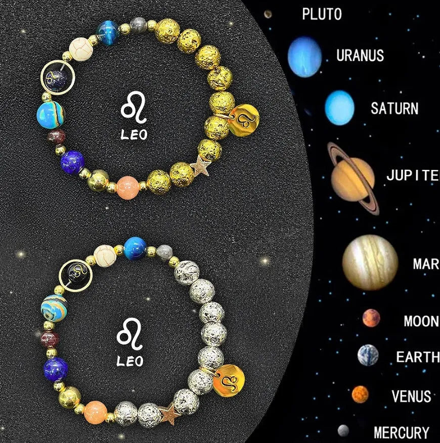 Two natural stone zodiac charm bracelets with elastic threads showing different zodiac symbols