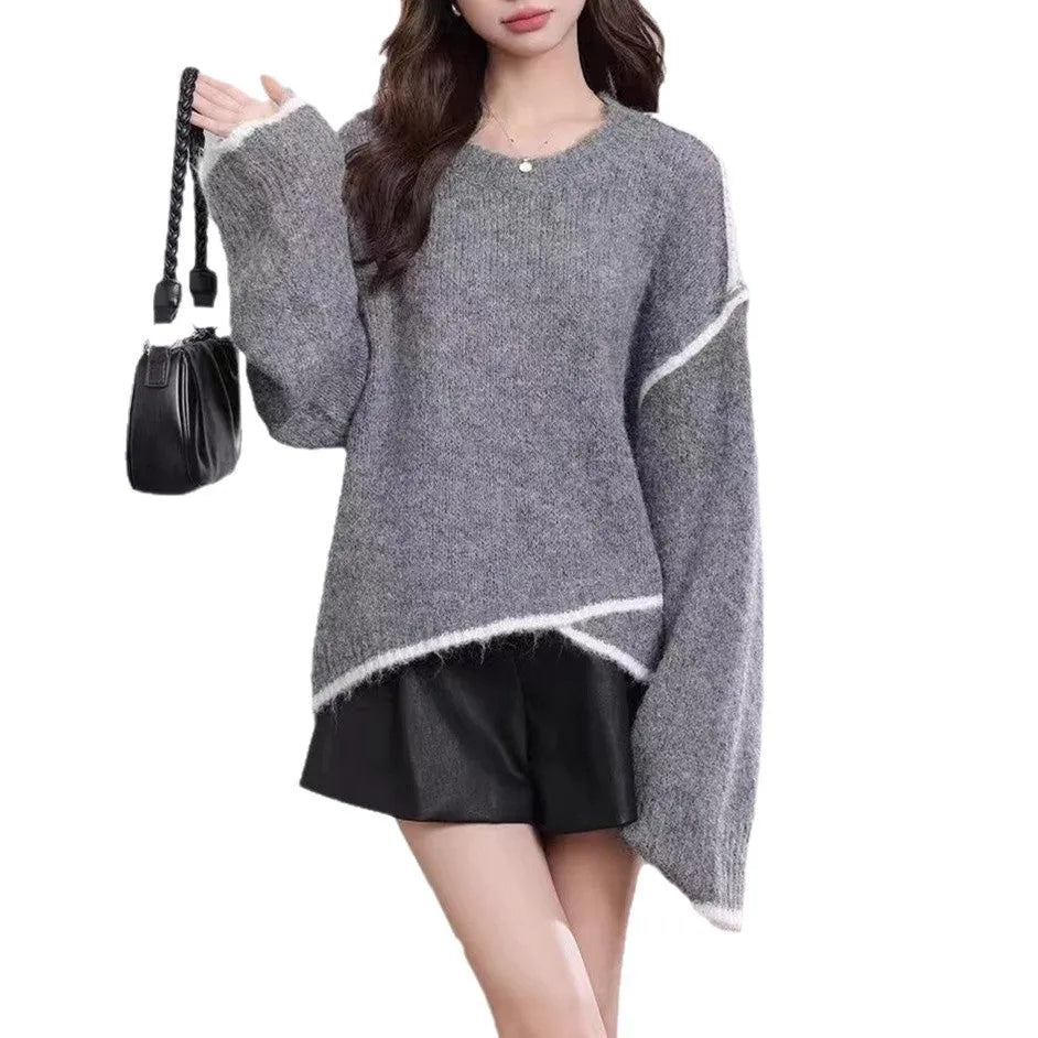Women's cotton loose fit pullover sweater in gray color with regular sleeves