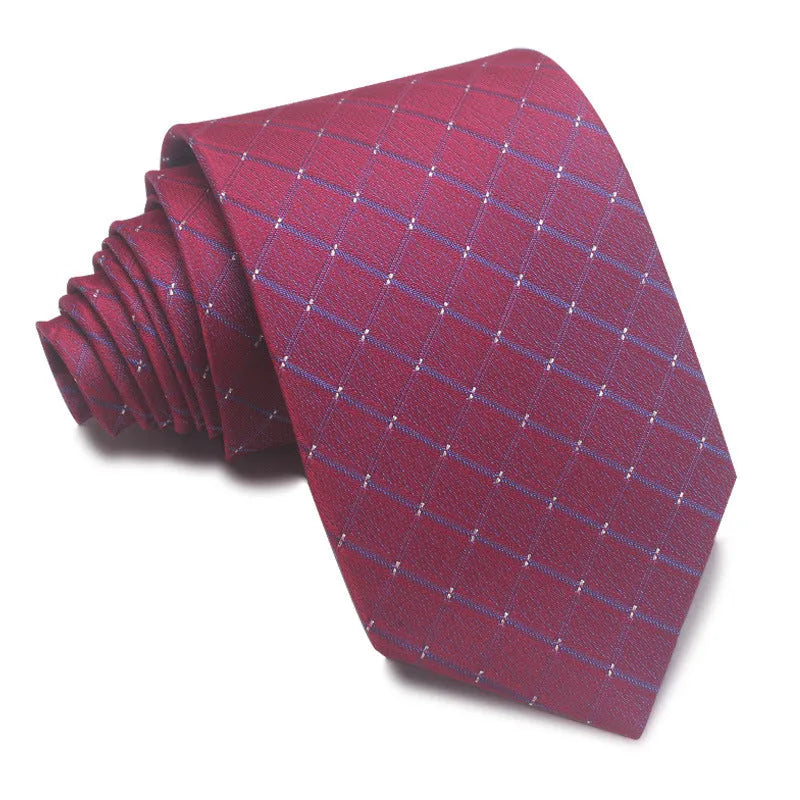 8CM wide polyester jacquard striped business tie in arrow style showing red, black, and blue colour options