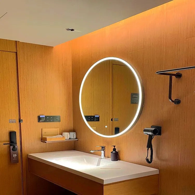 Black aluminium frame wall-mounted LED bathroom mirror with touch control.
