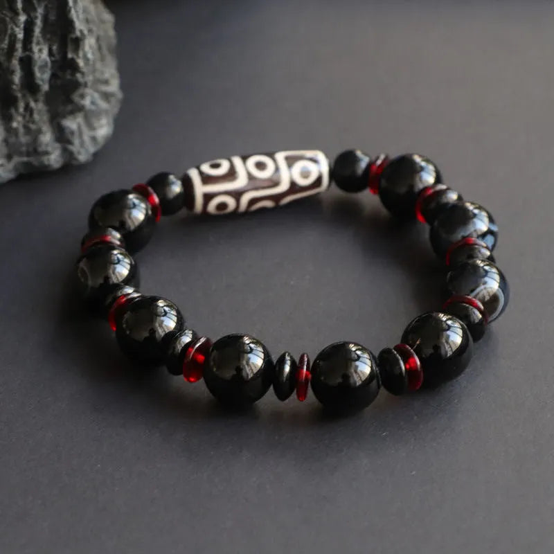 Black agate Dzi bead bracelet with hand-woven treatment and geometric national style design