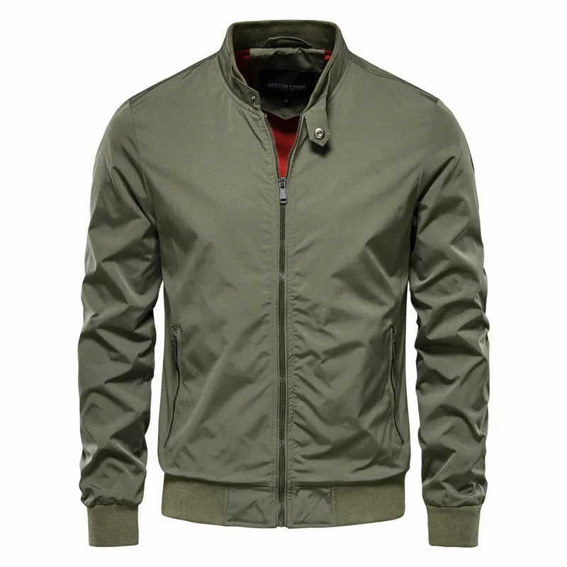 Men's casual thin jacket in army green, black or navy blue made from polyester fibre with continental sizing