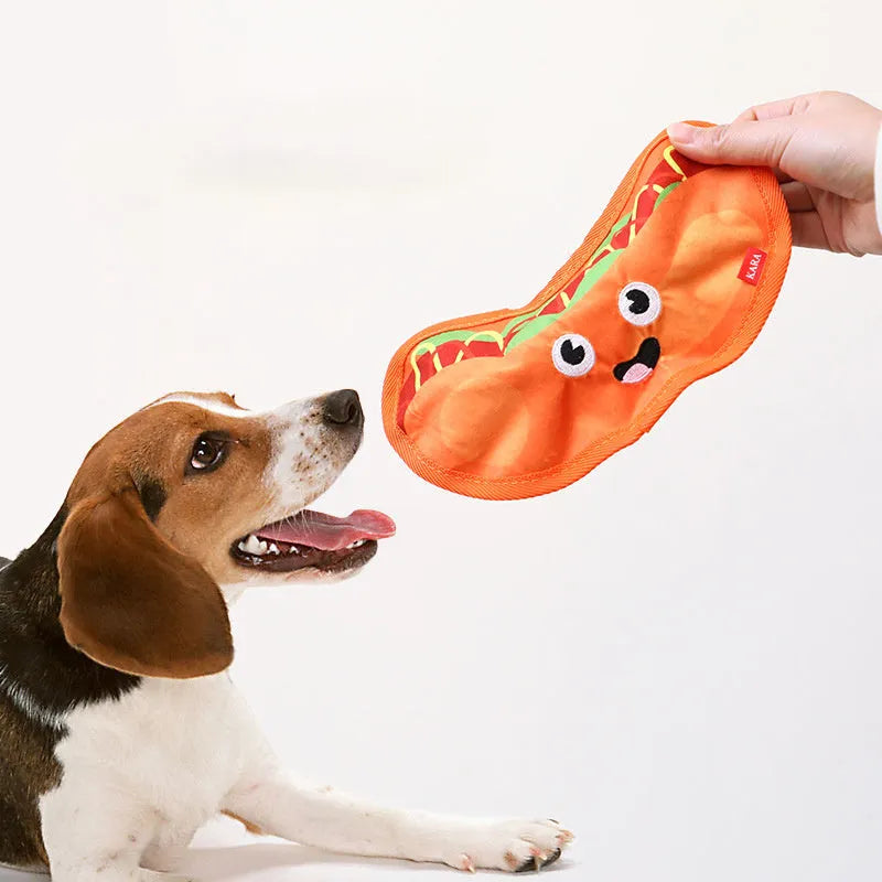 Hamburger-shaped dog toy with bright colours featuring crinkle and squeak sounds for interactive play