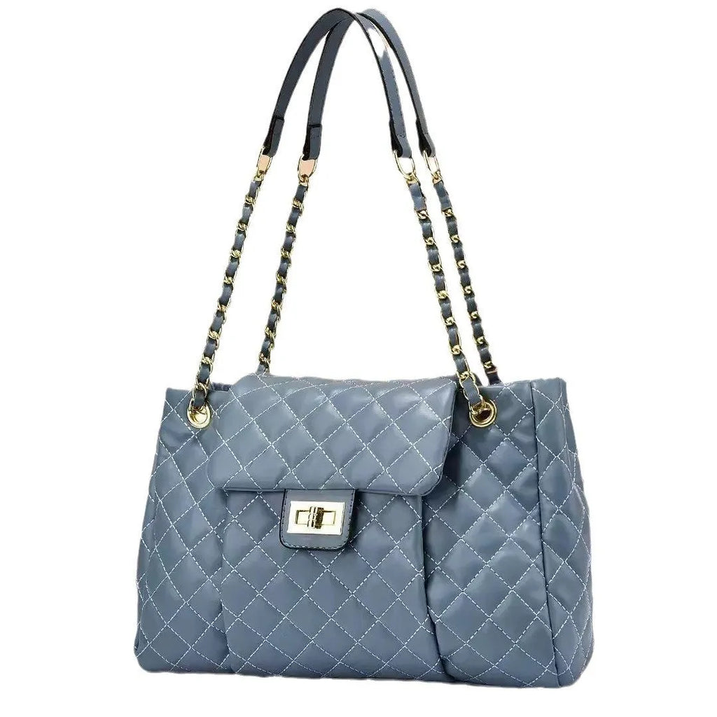 Women's solid colour PU messenger bag with diamond grid pattern and chain detail, horizontal square shape