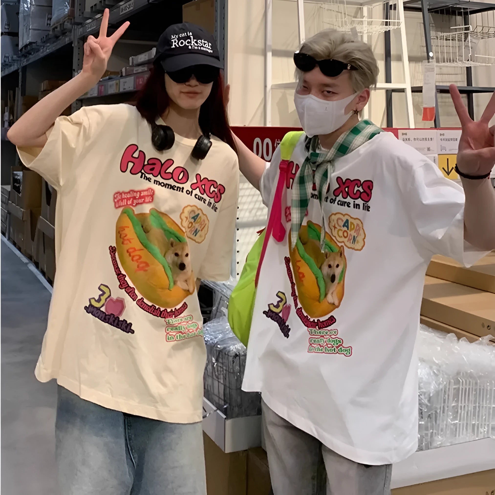 Cartoon hamburger dog printed short-sleeved T-shirt in 100% cotton