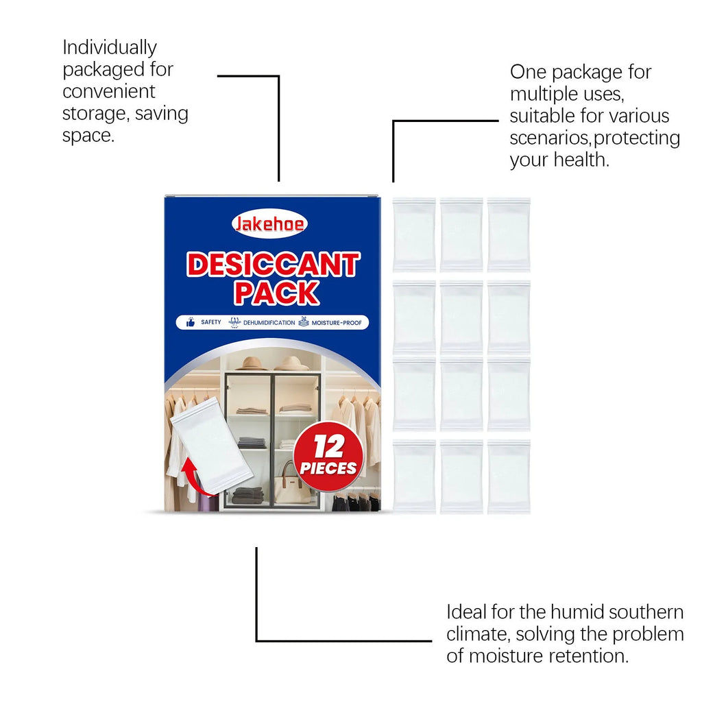 Pack of 12 anti-odor desiccants for household moisture control containing calcium chloride and wood pulp