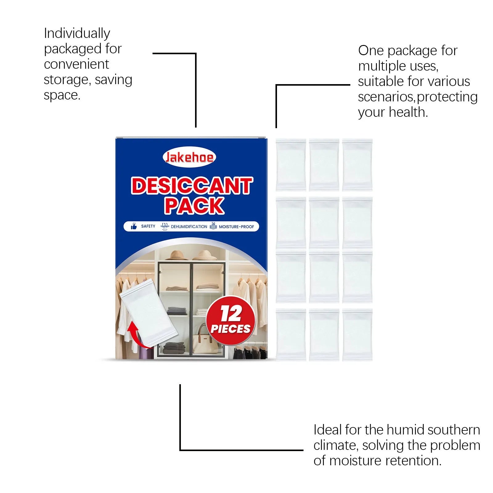 Pack of 12 anti-odor desiccants for household moisture control containing calcium chloride and wood pulp