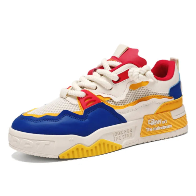 Men's white and yellow low-top board shoes with colour matching pattern and rubber sole