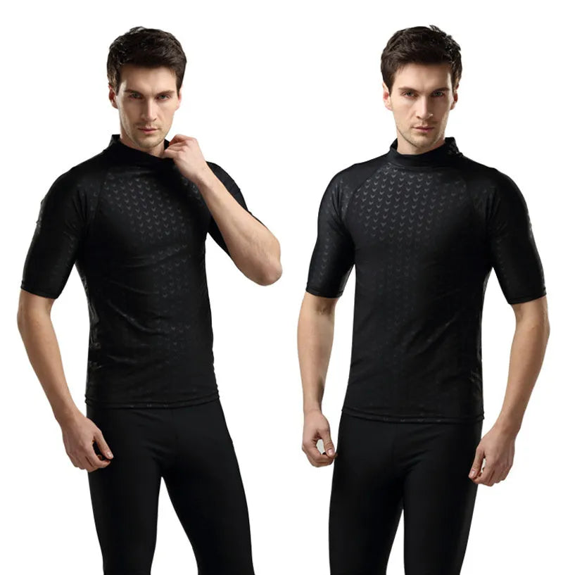 Men's black leopard print quick-drying split swimsuit top for snorkelling and swimming