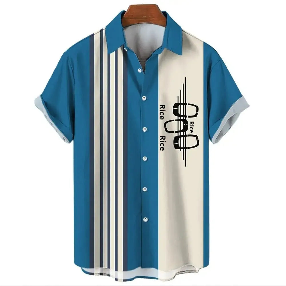 Men's striped Hawaiian shirt with short sleeves and button-up front