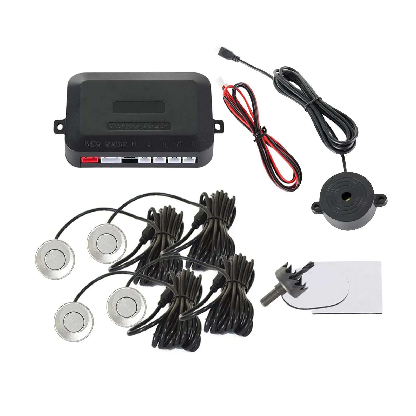 4-probe car parking sensor system with buzzer alert module, sensors in multiple colours, hole saw and installation cables