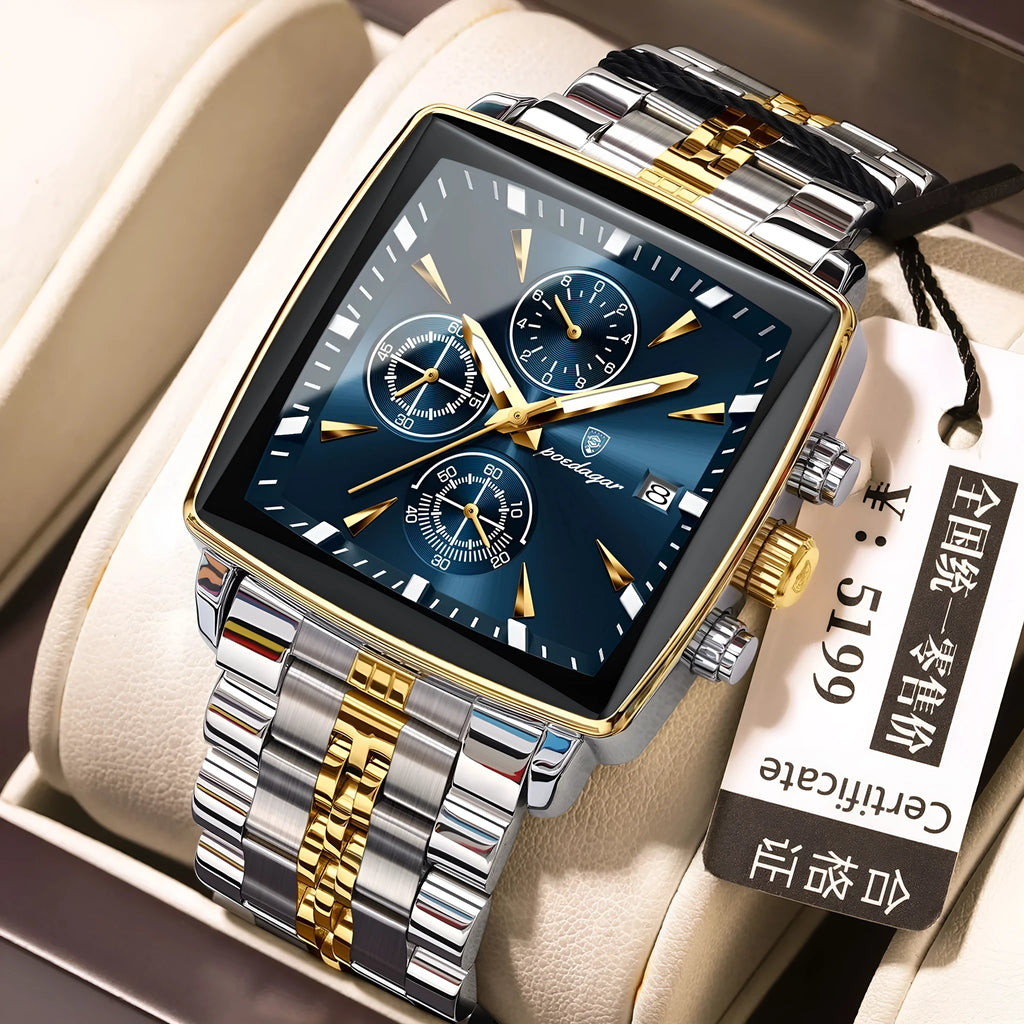 Square men's business quartz watch with stainless steel strap and mineral glass face.