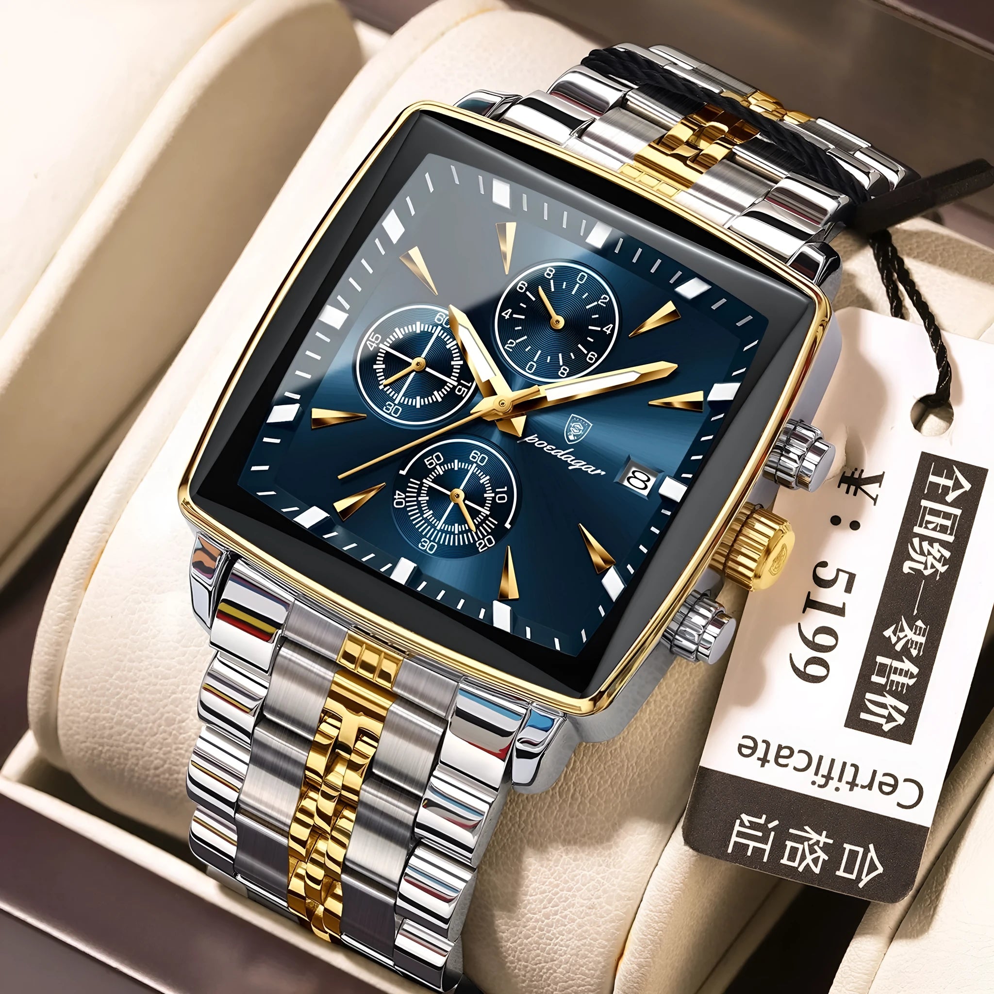 Square men's business quartz watch with stainless steel strap and mineral glass face.
