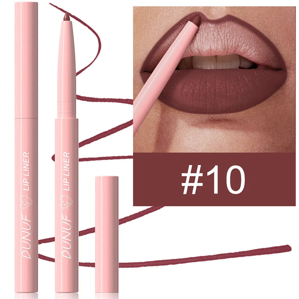 A single velvet matte lip liner pencil with 12 colour shade options shown, for precise lip definition.