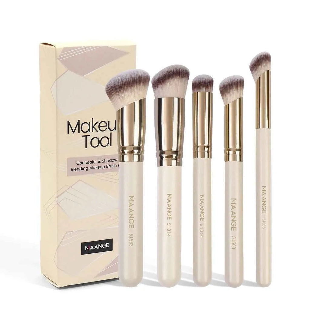 Five apricot coloured makeup brushes with synthetic bristles including angled blusher brush