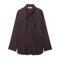 Brown women's poplin shirt with bow tie detail and long sleeves