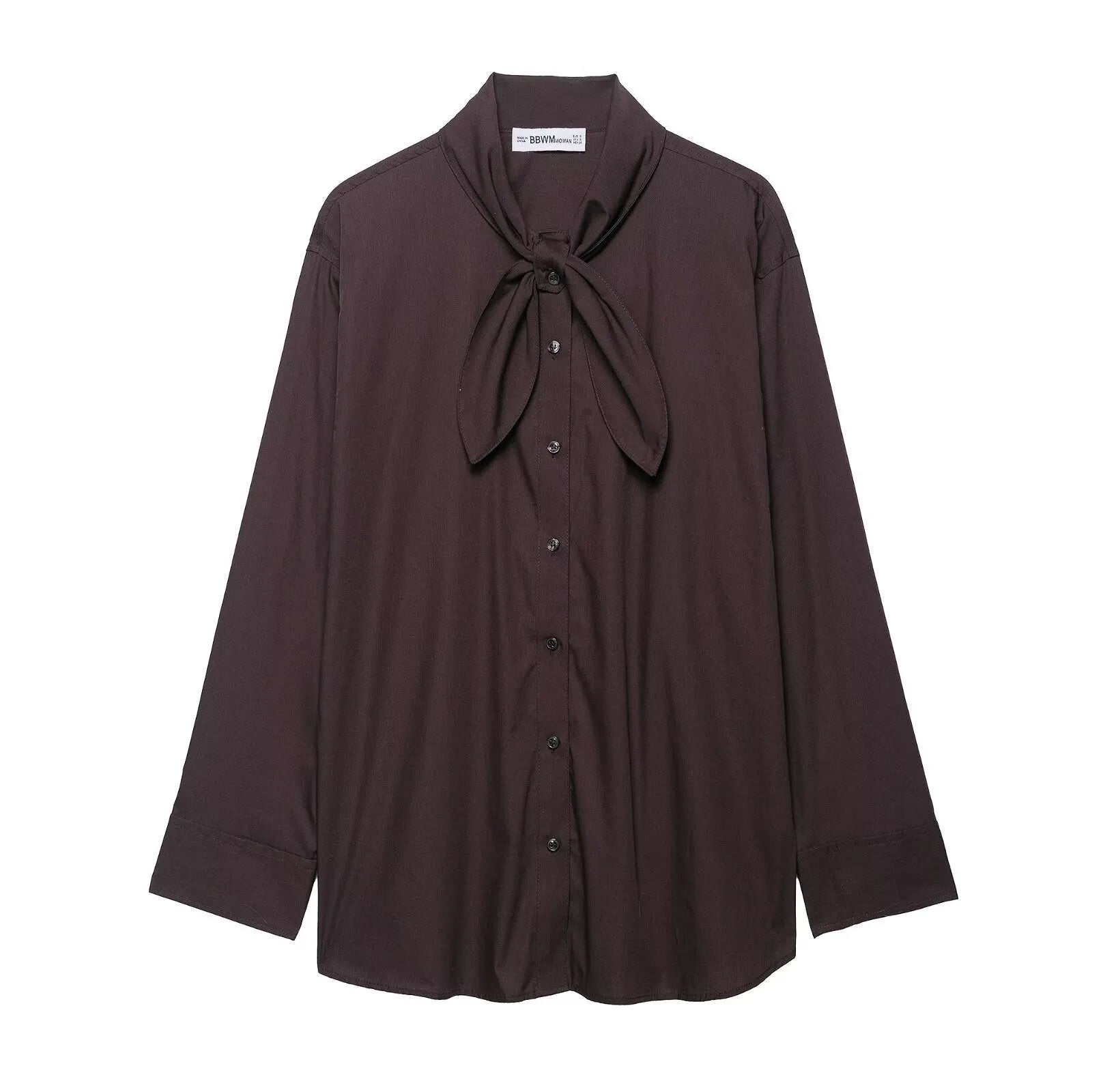 Brown women's poplin shirt with bow tie detail and long sleeves