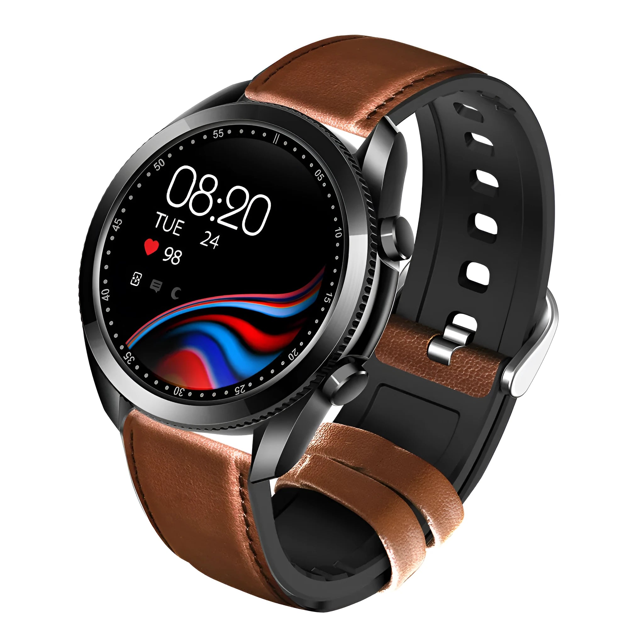 UM90 smartwatch with black leather strap showing time on a circular touch screen display.