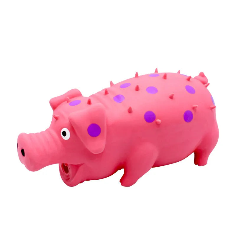 Blue latex pig-shaped dog chew toy with textured surface and squeaker