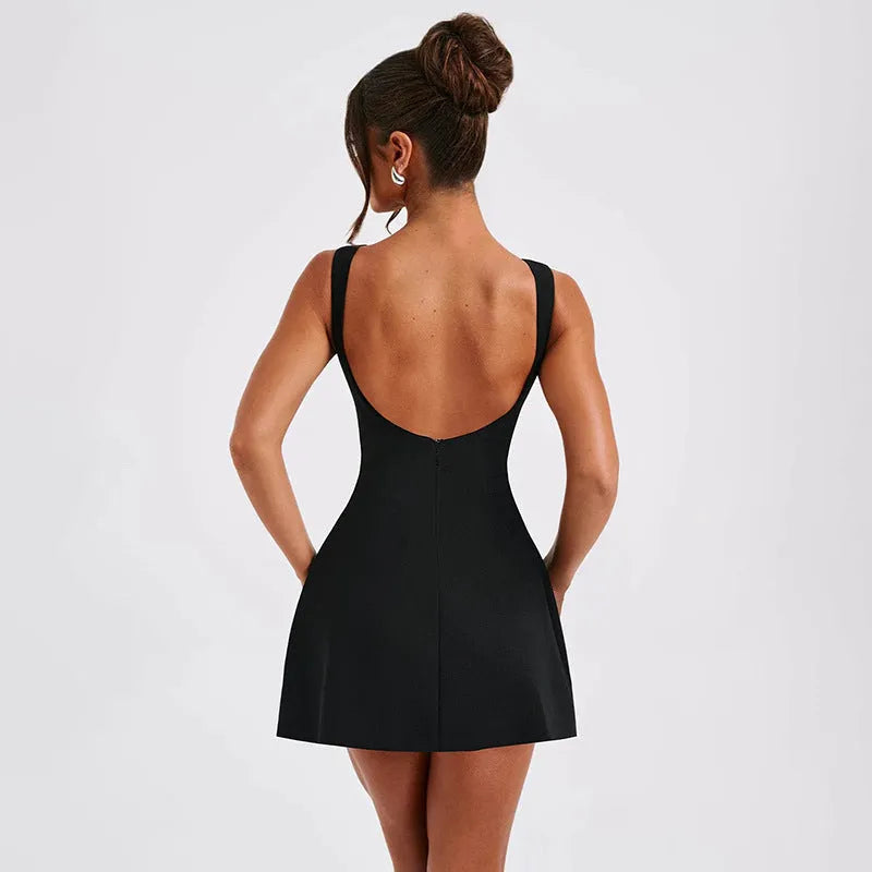 Slim-fitting backless sling dress with high waist and short skirt in a choice of colours.