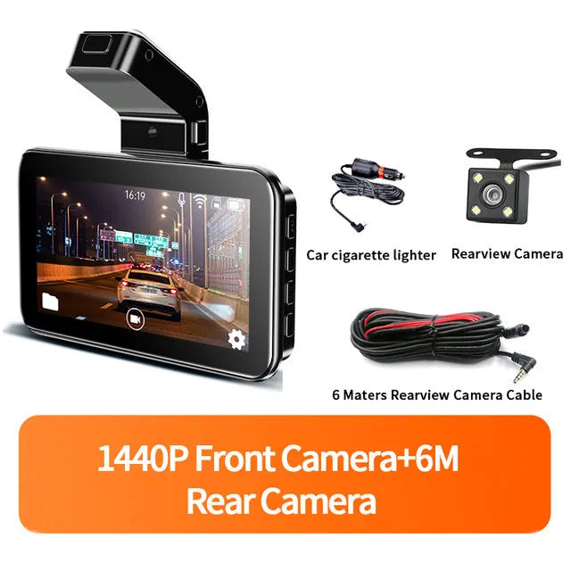 3-inch HD Car DVR unit with double lens for front and back recording, shown with camera and cables.