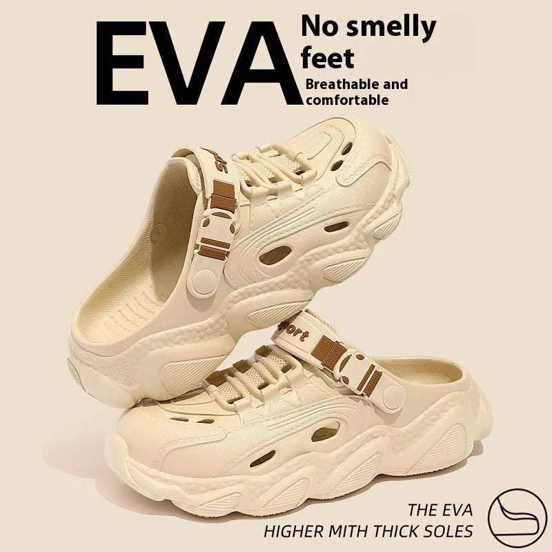 Men's khaki outdoor slippers with hollow-out design and textured EVA sole.