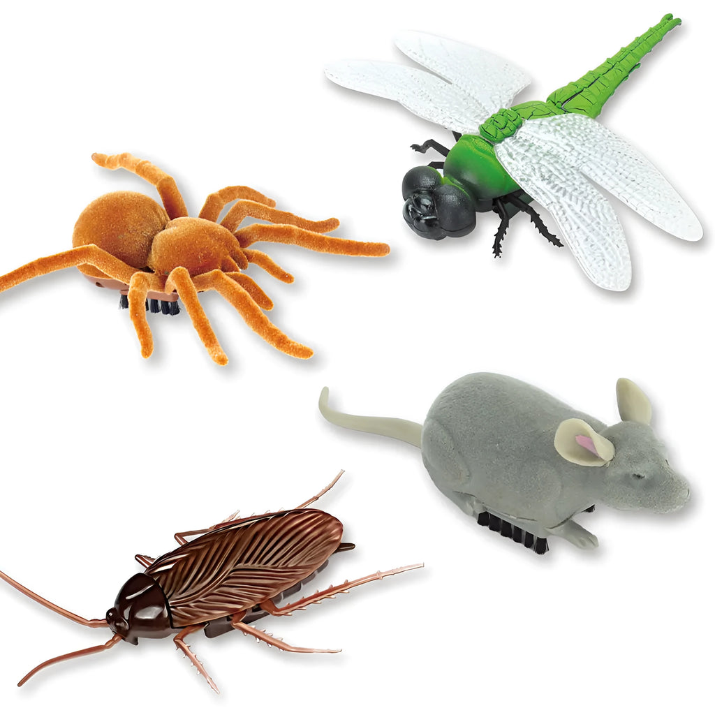 Colourful vibrating cockroach, tarantula, mouse, and dragonfly pet toys for cats and dogs.