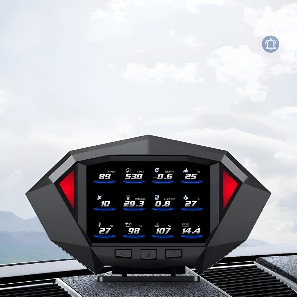 Black vehicle HUD display unit with LCD screen and OBD connection cable on car dashboard