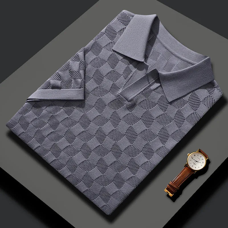 Men's short sleeve mulberry silk sweater with lapels in solid colours: white, black, gray, camel.