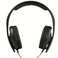 Black head-mounted stereo headphones with microphone and 3.5mm plug