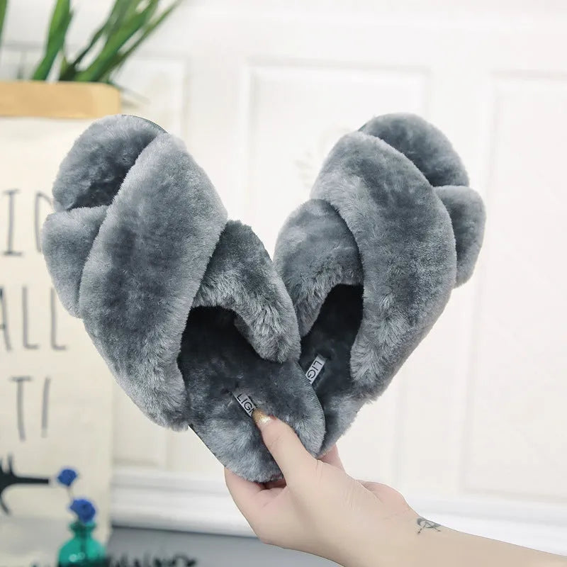 Cross open-toe fur slippers in black on a patterned non-slip sole