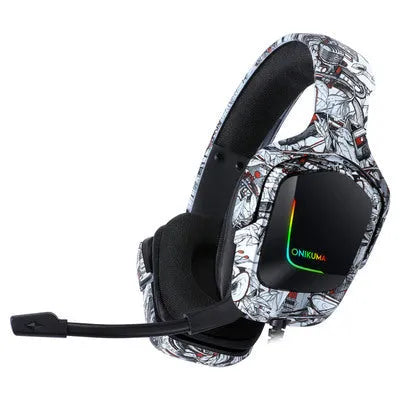 RGB gaming headset with cloth ear cushions and braided cable in black, camouflage grey, or white colour options