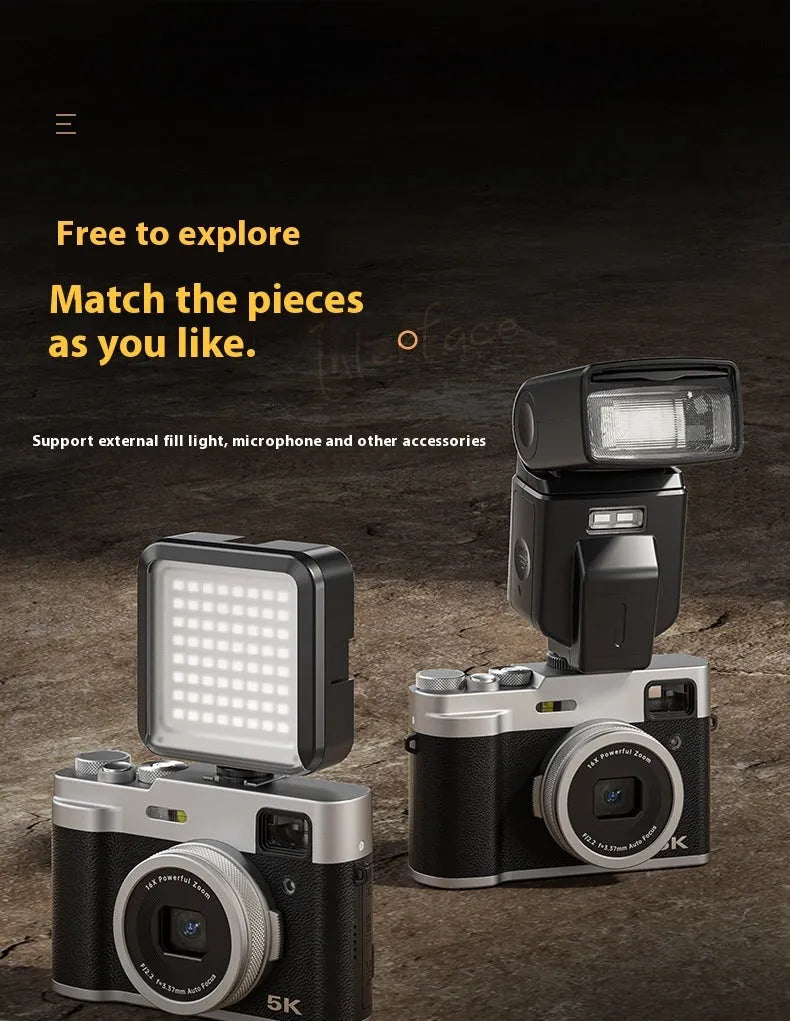 Black and brown 5K HD digital camera with dual lenses and an optical viewfinder on the body.