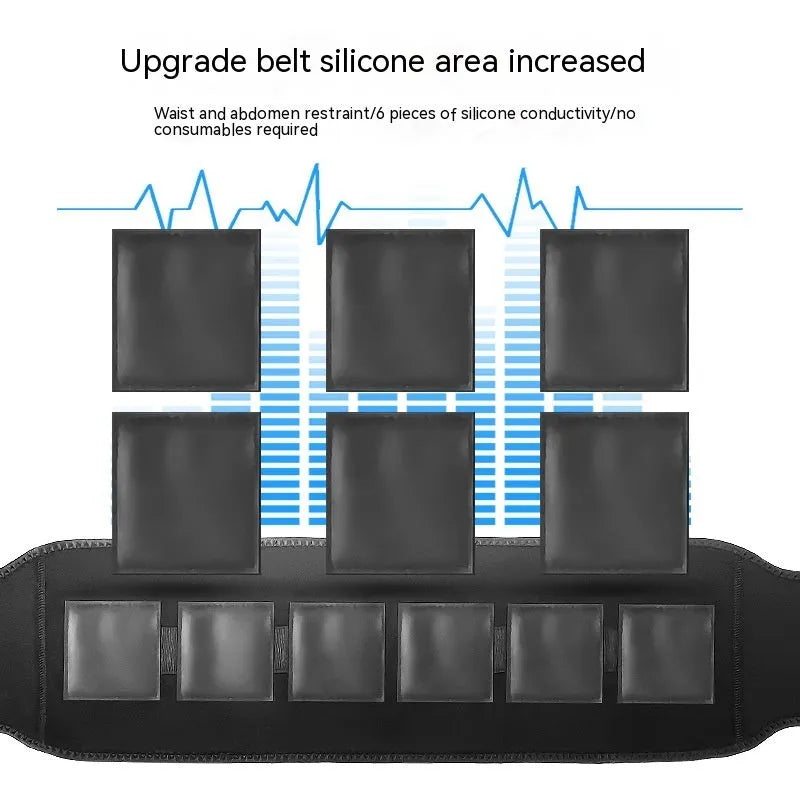 EMS fitness belt waist massager with silicone waistband, arm and abdominal patches, and USB cable