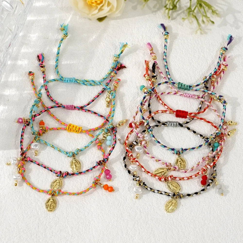 A colourful hand-woven braided rope bracelet for women in an ethnic strap tag style.