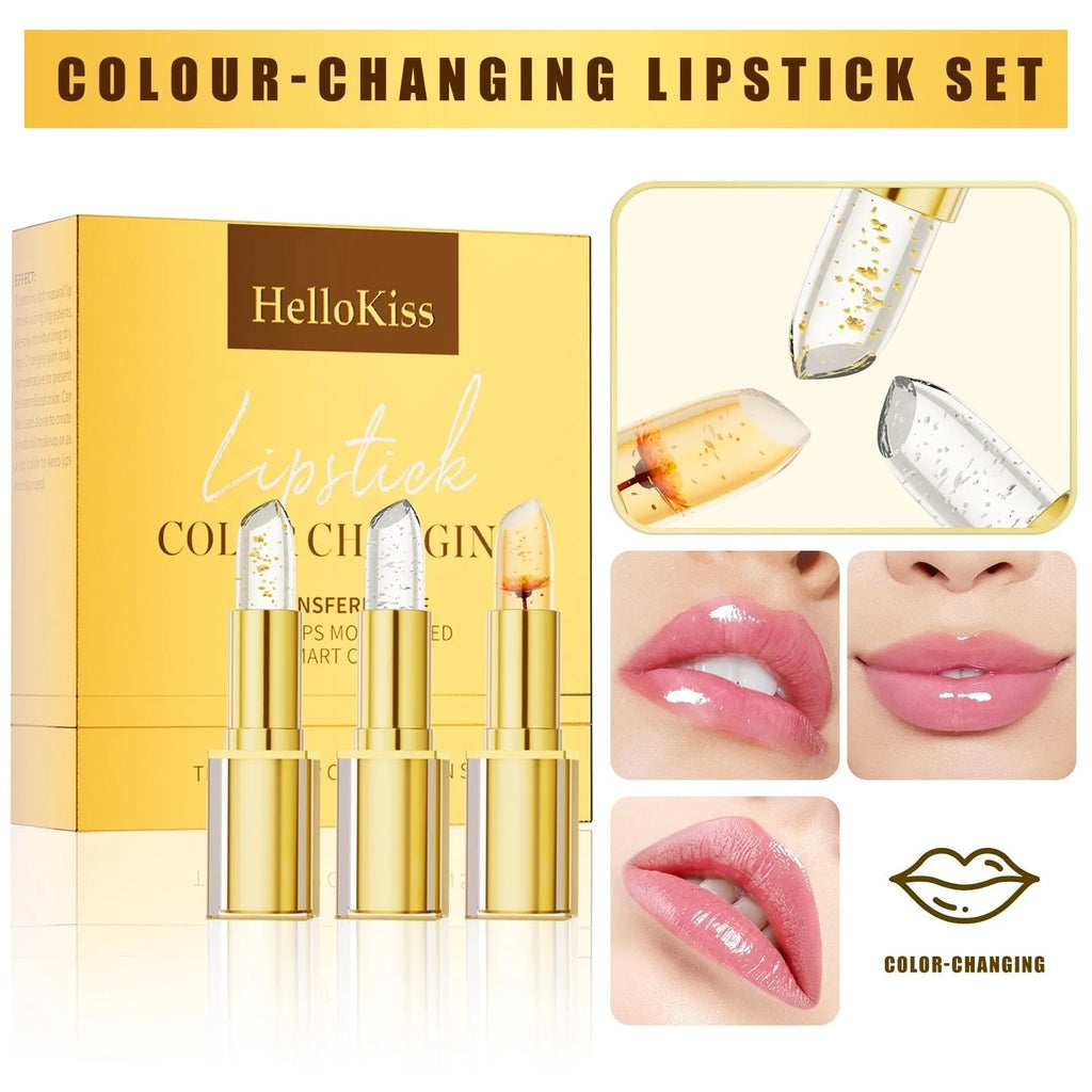 Tube of gilding warm colour-changing anti-smudge lipstick on a peach background.