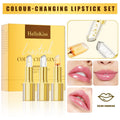 Tube of gilding warm colour-changing anti-smudge lipstick on a peach background.