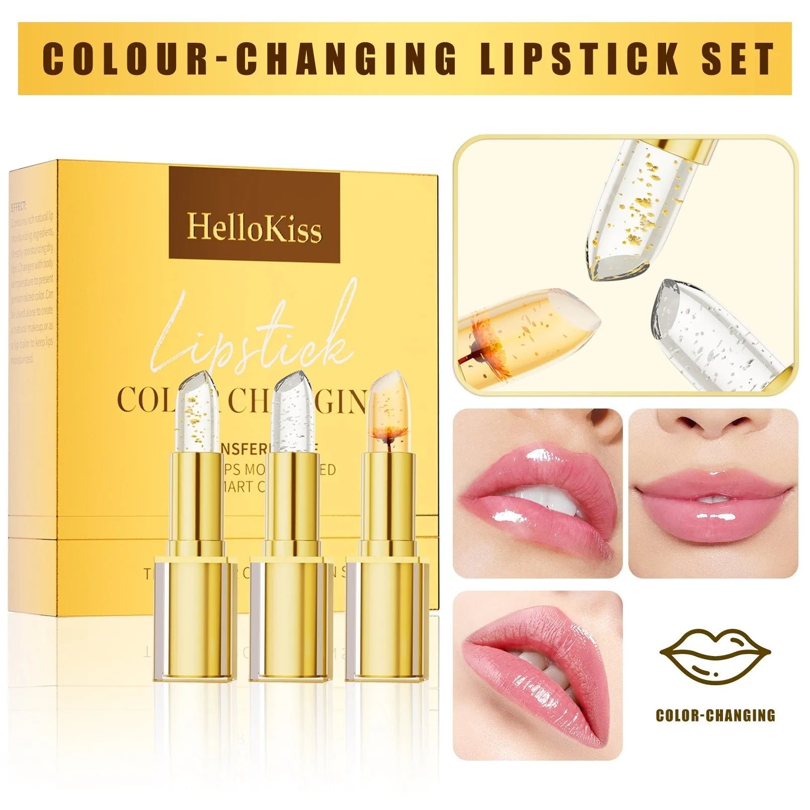 Tube of gilding warm colour-changing anti-smudge lipstick on a peach background.
