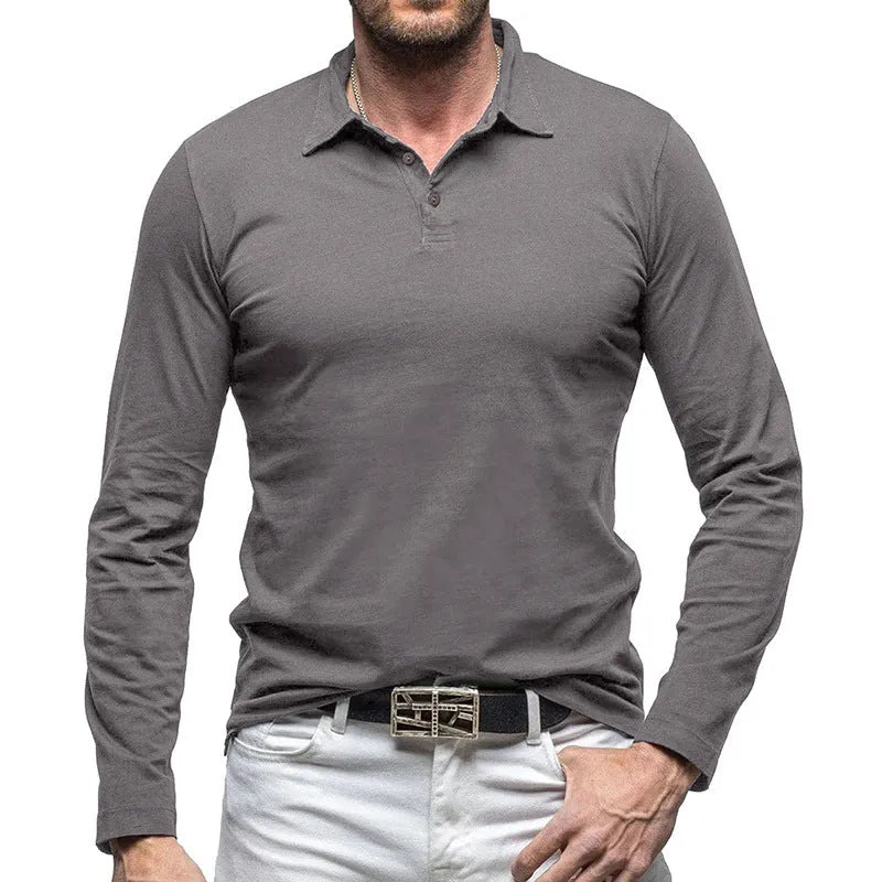 Men's polo collar long sleeve T-shirt in American retro style cotton fabric