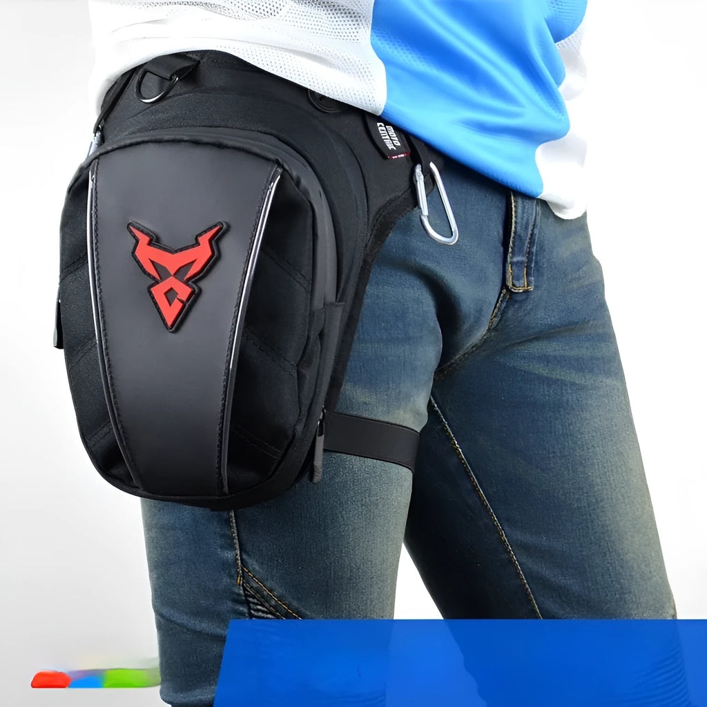Red 0105MC motorcycle leg bag made of 1200D Oxford cloth with crossbody strap.