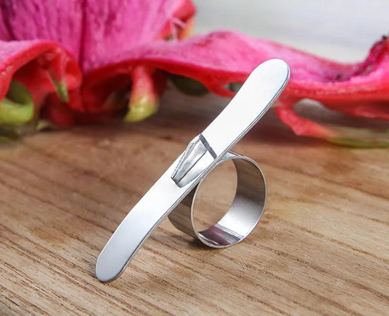Silver stainless steel ring orange peeler on white background showing 7.5cm tool with finger ring