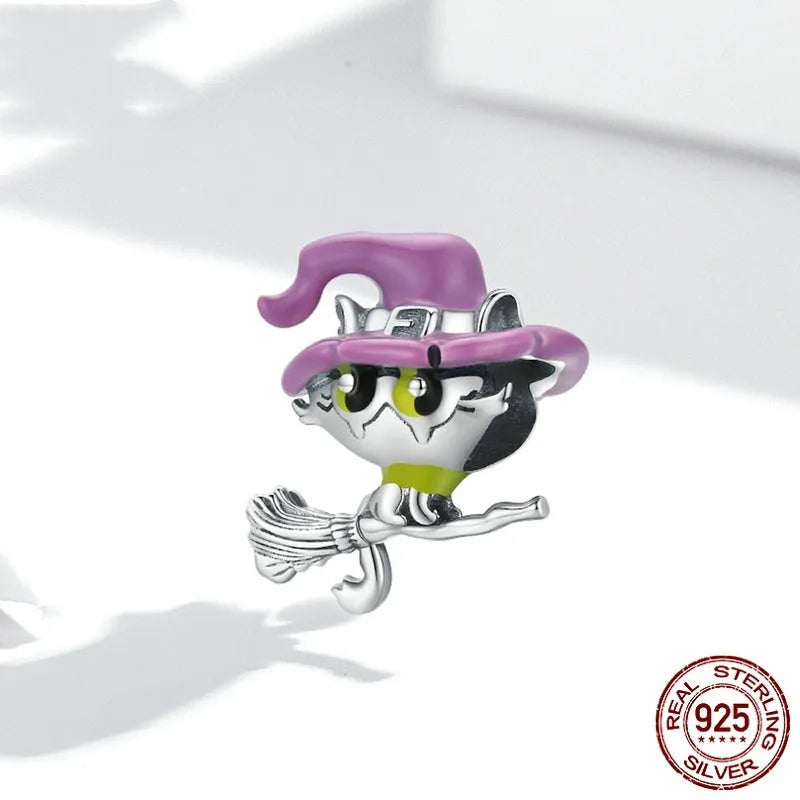 925 silver Halloween cat bead charm 1.4cm by 1.4cm with 0.45cm hole on white background