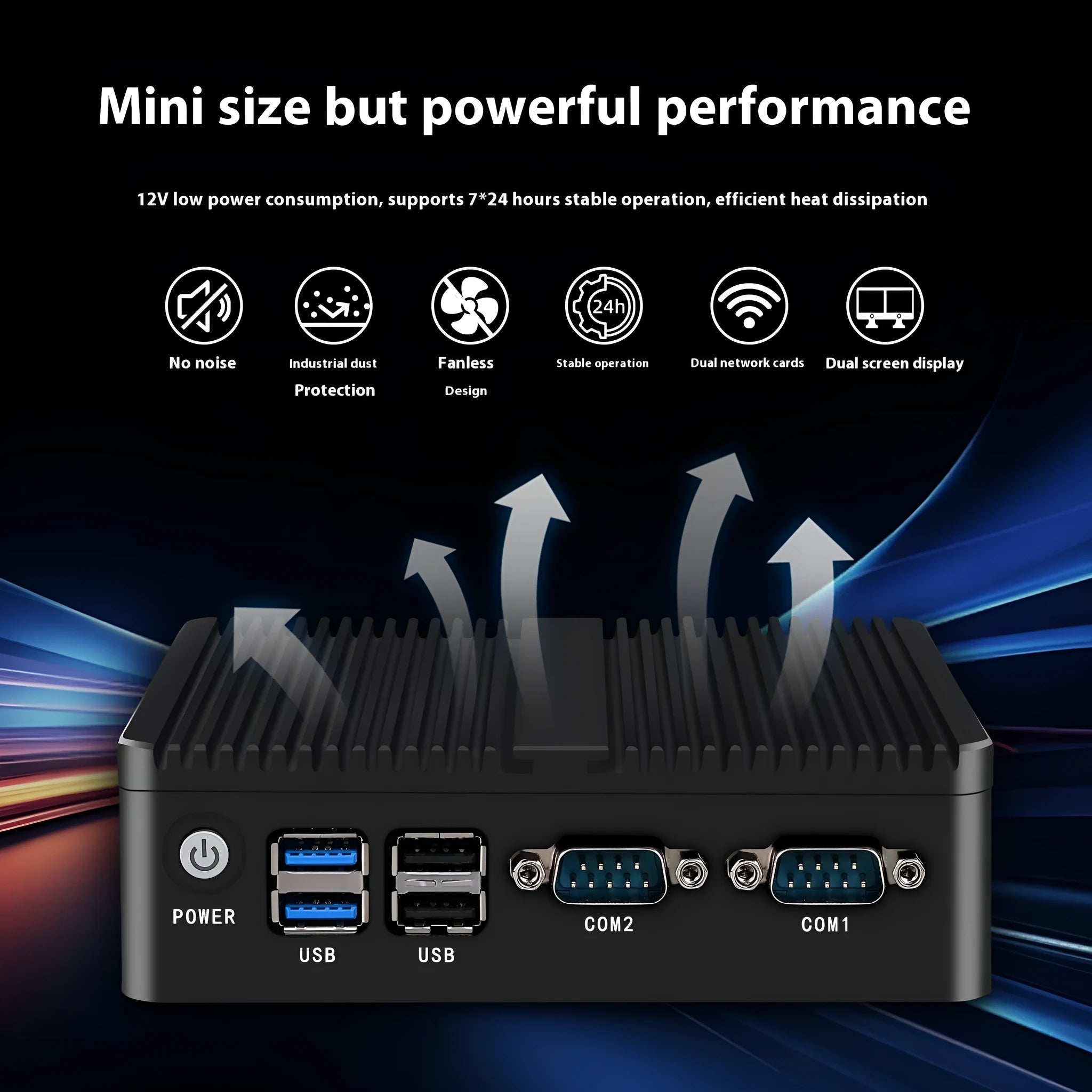 Industrial fanless mini-host measuring 13.6 x 12.7 x 4 cm with quad-core processor and dual-network ports