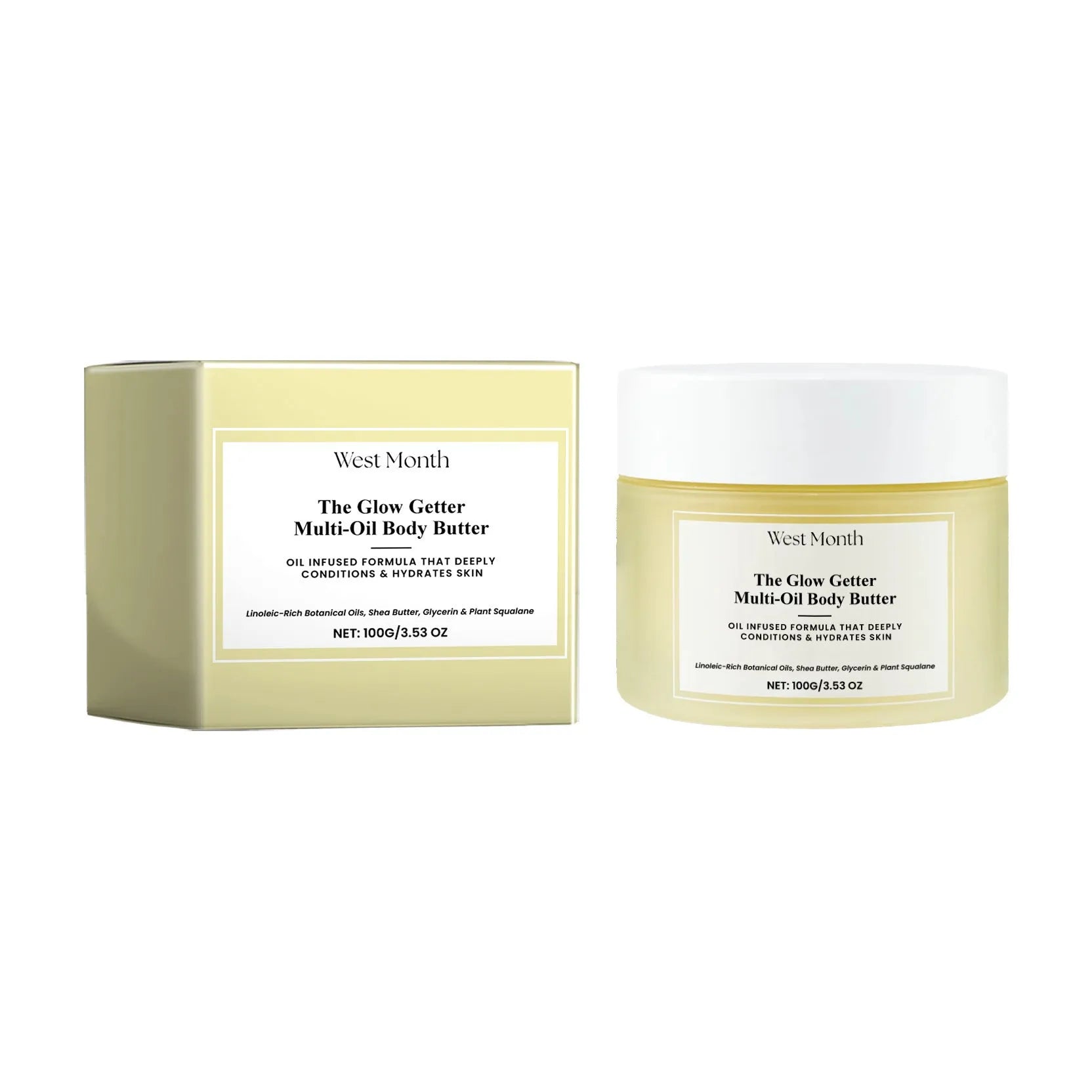 Body care kit with 100ml skincare oil bottle and 100g moisturising cream jar for nourishing and firming skincare