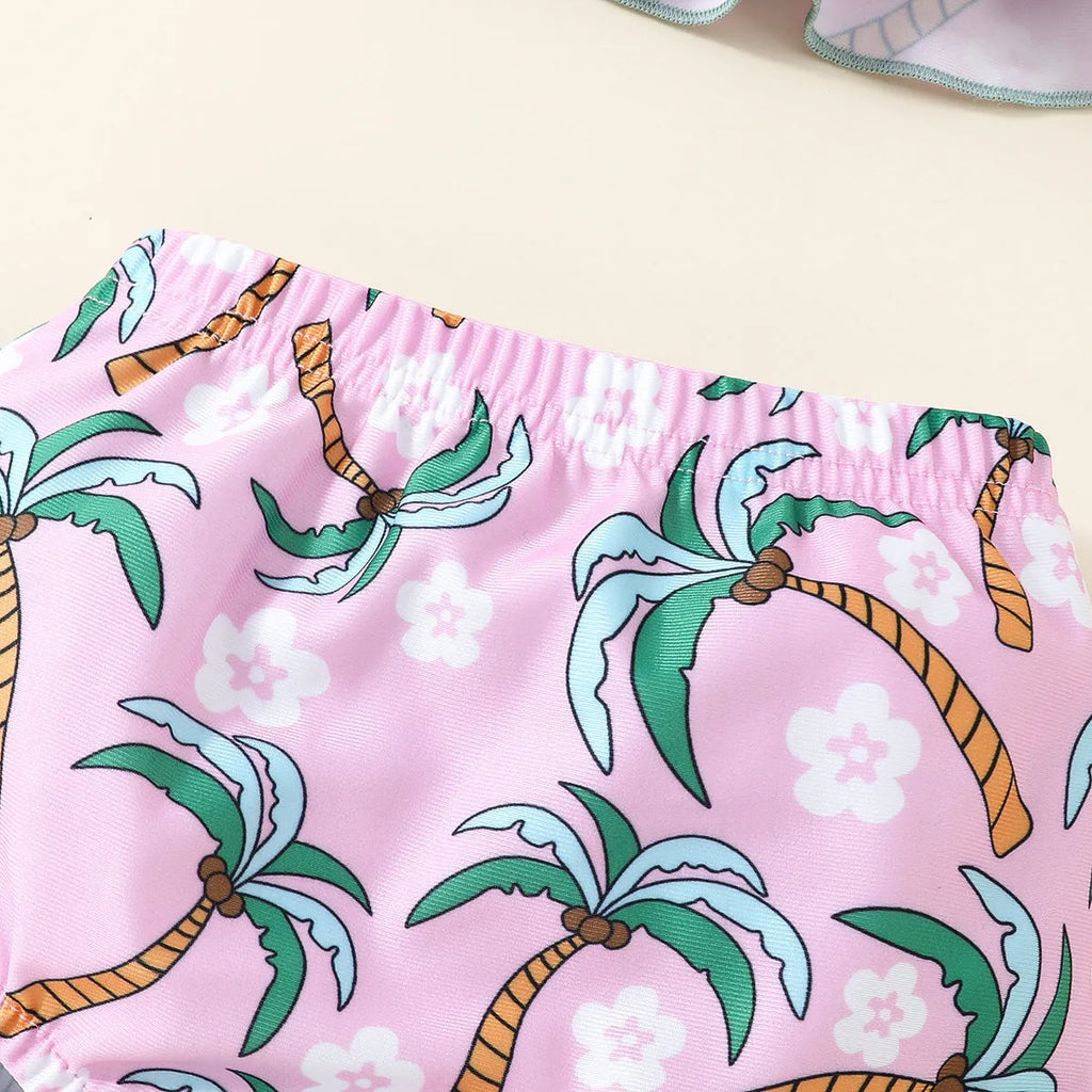 White sweet style girls' two-piece swimsuit set with shirt top and beach shorts on a hanger.