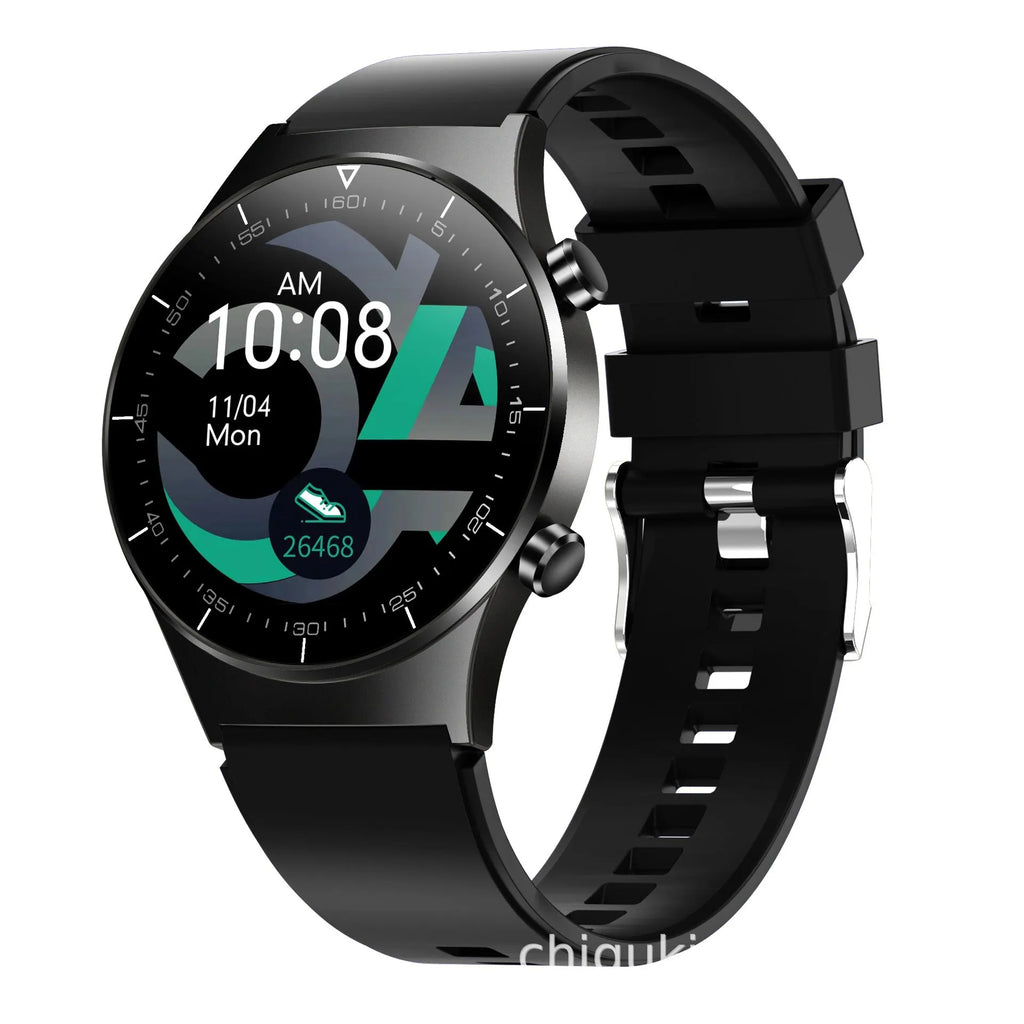 Black smart watch with TPU sports bracelet showing heart rate monitoring on 1.28-inch glass screen