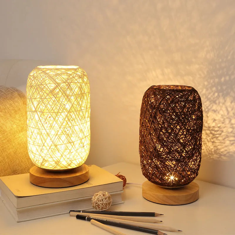 Brown twine Sepak Takraw patterned desk lamp with hemp rope weaving and wooden base