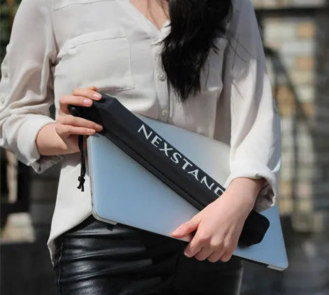 Black folding laptop stand with reinforced nylon construction shown in open and closed positions