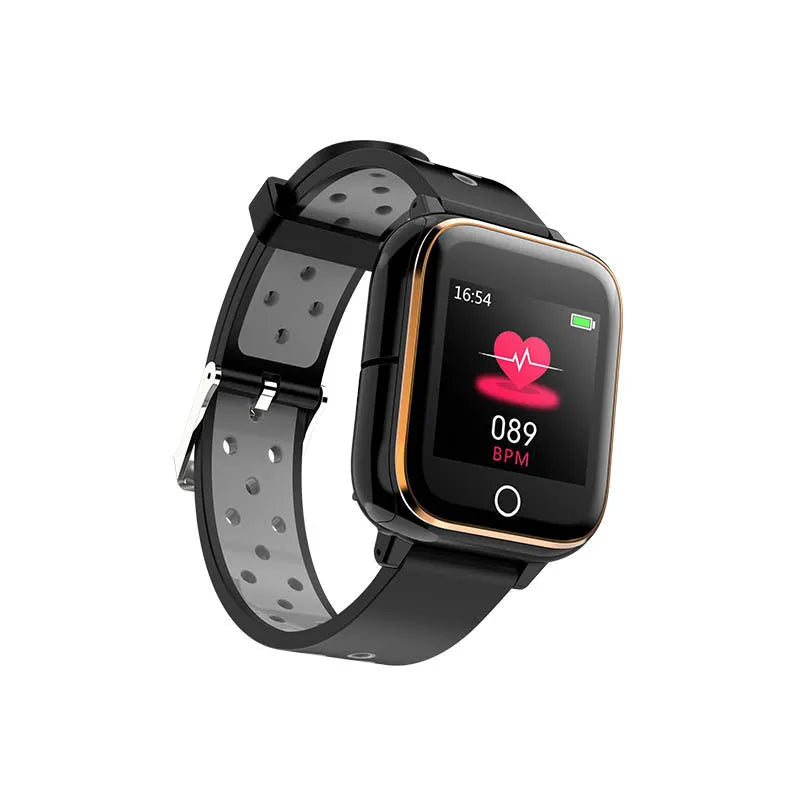 Smart watch with integrated Bluetooth earbuds showing 1.4-inch display with heart rate monitoring interface
